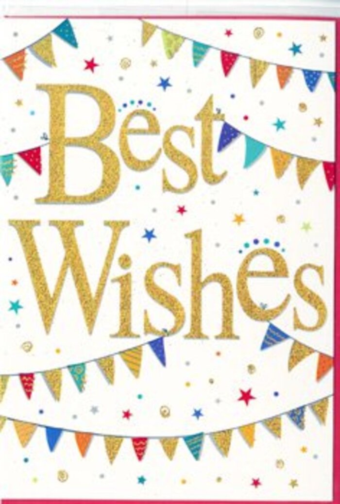 In this image, the camera focuses closely on a single congratulations card, allowing the viewer to soak in its detailed and joyful design. The card's background is a clear, bright white, lending a modern, uncluttered feel, like a freshly painted wall in a Rush Green home ready for new memories. Centered on this backdrop, the words Best Wishes are rendered in an elegant, looping script font, their thick strokes filled with deep, shimmering gold. The finish looks delicately glittered or metallic, giving the text a tactile, raised quality that would likely feel slightly textured under your fingertips. This luxurious lettering serves as the heart of the scene. Above and below, strings of celebratory bunting sweep across the card in soft arcs, resembling banners hung for a street party on Dagenham Road. Each triangular flag bursts with colour-vivid reds, bright blues, lively greens, sunny yellows, and pops of pink-some plain, others detailed with miniature decorative motifs such as polka dots, fine stripes, or tiny combinations of shapes. These variations give the impression of handcrafted care, as if each pennant tells a small story of its own. Floating around the bunting are scattered star shapes and petite circles, evocative of confetti and small starbursts caught in a still moment. Their palette echoes the bunting, tying the whole composition together. The overall mood is one of uplifting celebration: cheerful but not loud, stylish yet approachable. Although there are no flowers depicted, you can almost picture this card leaning against a vase of fresh blooms on a sideboard in a Rush Green living room, ready to congratulate someone on a new job, a new home, or another personal milestone with warmth and genuine goodwill.