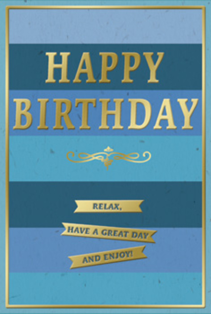 The birthday card shown here combines layered blue tones with gleaming gold to create an atmosphere of restful celebration, much like a peaceful Sunday in Rush Green when the streets are calm and the gardens are lush. The background is organised into broad, horizontal stripes, each band smoothly transitioning in colour. At the bottom, a deep navy blue provides weight and grounding; moving upward, it shifts into strong denim, mellow teal, and then a lighter, almost airy sky blue at the top. The surface appears matte and finely textured, giving the impression of high-quality card stock with a soft, non-reflective finish. Prominently placed across the middle, the words HAPPY BIRTHDAY are embossed in large, gold capital letters. The foil is warm and luminous rather than overly shiny, and each raised letter casts the faintest shadow, adding depth and a pleasing tactile quality. Beneath this main greeting, a graceful golden flourish gently arcs and loops, acting as a decorative bridge between the bold heading and the more intimate sentiment below. Three slender golden banners sit one under another, perfectly aligned. Each ribbon is delicately outlined with foil and holds part of the message: Relax, have a great day and enjoy! The text is clear, friendly, and inviting, echoing the message's gentle encouragement to slow down. A thin gold border around the entire card completes the composition, giving it the polished feel of a framed artwork. The design is ideal for pairing with soft, fresh blooms-perhaps a pastel birthday arrangement hand-delivered in Rush Green by Flower Delivery Rush Green-creating a thoughtful, cohesive gift that speaks of care, calm, and genuine good wishes.
