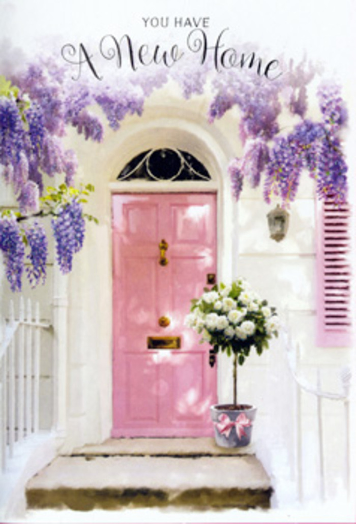 This doorway scene, which would not feel out of place on one of Rush Green's tucked-away residential streets, captures the soft emotion of starting fresh in a new place. The main focus is a front door painted in a delicate pink shade, warm and inviting without being too bold, its surface smooth and softly gleaming in the light. The door is set within whitewashed walls that show a gentle, slightly uneven texture, hinting at character and history beneath the clean paint. Overhead, wisteria in full bloom drapes across the top and spills down the sides of the entrance, creating an almost theatrical frame. The flowers hang in tumbling clusters of lavender and lilac, dense enough to feel luxurious yet airy enough to allow glimpses of sky and light between the trailing strands. You can almost imagine their perfume-subtly sweet, a little grassy, and deeply nostalgic-lingering in the air like the scent you catch when walking past a well-loved front garden in RM7. On the step leading up to the door, a grey tin bucket rests securely, serving as the base for a generous bouquet. Inside, white and creamy roses are arranged with careful attention, each bloom full and open, revealing soft layers of petals that look almost cloud-like. Nestled around them is a mix of fresh green foliage, some leaves small and delicate, others broader and more substantial, adding rhythm and contrast to the design. Wrapped around the bucket, a pale pink ribbon has been tied into a neat bow, its colour mirroring the door and weaving a quiet cohesion through the scene. Gentle daylight filters through the wisteria, casting subtle shadows and adding dimension without breaking the sense of tranquillity. The overall effect is one of tender celebration-a floral tribute to new beginnings, perfectly suited for congratulating someone on their first house or flat in Rush Green, and for turning a simple threshold into a symbol of welcome, warmth, and hopeful days ahead.