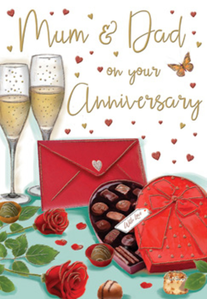 This romantic anniversary card design presents a still life so vivid it feels like you could step into a Rush Green kitchen or dining room and touch each element. At the heart of the illustration lie two sumptuous red roses, placed gently side by side. Their petals are drawn with careful attention to depth and shading, swirling outward from tight centres into open, velvety blooms that seem to carry the classic scent of a florist's freshest stems. Surrounding foliage in rich, leafy greens gives the arrangement a sense of movement and life, as though the flowers were just set down after being taken from a hand-tied bouquet. Adjacent to the roses, an open heart-shaped chocolate box adds a luxurious note. The box is a warm, intense red, banded by a broad ribbon tied into an elegant bow whose loops and tails cascade gracefully across the surface. Inside, an assortment of chocolates gleams softly in their golden trays-some smooth, some textured-each piece promising a different, indulgent flavour. A few chocolates rest casually outside the box, indicating they have already been chosen and shared. Behind this tempting display, two tall champagne flutes stand almost touching, filled with pale golden champagne. Fine bubbles rise within the clear glass, catching subtle reflections that evoke gentle evening light over nearby green spaces and quiet Rush Green streets. Scattered across the background are tiny hearts in crimson and gold, along with delicate accents that frame hand-written anniversary wishes, perhaps addressed to long-married parents or partners. A bold scarlet envelope, sealed and resting nearby, hints at a personal note tucked within the card. The combination of roses, chocolate, champagne, and heartfelt words creates an image of cosy celebration that feels perfectly suited to marking a meaningful anniversary at home.