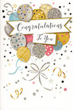 The scene captured here is of a stylish congratulations card stood upright, its design echoing the feeling of a joyful toast raised at a Rush Green celebration. The card front is almost entirely devoted to a bouquet of illustrated balloons clustered together, their rounded shapes overlapping and rising upward with a sense of buoyant energy. Their colours form a soft, sophisticated spectrum: lustrous gold and silver, gentle champagne, powdery sky blue, tender blush pink, and a calm grey, each balloon enhanced by subtle detailing-glitter-speckled surfaces, slim shimmering stripes, and tiny star motifs that sparkle like party lights. Fine gold and silver ribbons drift down from the knot of balloons in loose, curling spirals, framing the lower portion of the design with flowing lines that recall the ribbons we use to finish off a celebratory bouquet for local delivery. Across the centre, a ribbon-shaped banner unfurls gracefully, carrying the greeting Congratulations To You in an elegant, looping script that feels warm and sincere rather than formal. The background is pale, scattered with tiny metallic stars, swirling lines, and confetti-like dots that bring a light, festive rhythm to the composition, leaving plenty of calm space so the main elements can shine. The emotion is unmistakably uplifting-perfect for applauding exam results, promotions, or personal triumphs for someone in Rush Green or nearby Romford. One can almost imagine this card standing beside freshly delivered flowers on a hallway table, greeting the recipient with a shimmer of balloons and the reassuring sense that their achievement is truly worthy of celebration.