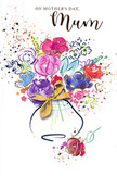 This Mother's Day card radiates joyful warmth through a swirling watercolour bouquet that could easily have been inspired by a fresh arrangement on a Rush Green dining table. The flowers, painted in loose, fluid shapes, blend lush purples, romantic pinks, vibrant cerise, and radiant reds into a harmonious cloud of colour at the centre. Softer blues and gentle lavender blooms drift through the mix, cooling the palette the way evening air softens the day over nearby Romford. Strokes of leafy green peep between the blossoms, hinted at rather than rigidly drawn, so the bouquet feels soft, full, and gently moving. Light catches on delicate trails of metallic gold that edge some petals and leaves, adding a subtle shimmer reminiscent of sunlight on glass vases in a local florist's window. Around the bouquet, tiny hearts, splatters, and specks of paint float like confetti, suggesting celebration and the happy bustle of a Mother's Day morning at home-perhaps breakfast in bed and children presenting homemade cards. The arrangement is cradled in a simply drawn vase with smooth, curving sides painted in pale creams and blush tones, its neck adorned with an elegant golden bow that evokes the rustle of ribbon and tissue paper. The white background keeps the entire composition light and airy, allowing every hue to glow clearly. Together, these elements create a tender, uplifting image that feels like a hug in painted form-a lasting tribute to a mum's kindness, strength, and the everyday love that anchors family life in Rush Green and beyond.