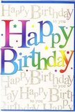 This birthday card design feels like a burst of party colour you might pair with a bright arrangement from a Rush Green florist. Dominating the front, the words Happy Birthday appear in large, rounded letters that arch gently across the card, each one filled with a beautifully blended rainbow gradient. The colours move from deep berry red and hot pink into royal purple, vivid blue, aqua, fresh green, and cheerful yellow, flowing so smoothly that the transition from one hue to the next feels almost like watching a sunset change over the rooftops near Dagenham Road. The shading gives the letters a soft, dimensional look, as though they're lightly raised from the surface. Behind this bold main message, the background is a calm, creamy white, entirely overlaid with repeating lines of delicate, handwritten-style gold script that whisper Happy Birthday to you again and again. The gold ink appears subtly glittered, catching the light with a refined sparkle reminiscent of party lights reflected in glassware at a kitchen table celebration. Tiny multicoloured stars and confetti-like dots are sprinkled around and between the scripts, adding extra notes of fun and whimsy without overpowering the elegant design. The overall finish looks silky and smooth, with the main rainbow lettering likely slightly embossed, adding a tactile dimension for the fingertips. The mood of the card is upbeat, warm, and inclusive-equally fitting for a child's party or an adult milestone-perfect to send alongside a bouquet delivered across Rush Green, turning a simple greeting into a vibrant, memorable birthday moment.