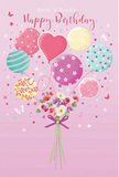 A whimsical birthday moment is captured in this illustration, where pastel balloons and a petite bouquet appear to float together in a soft pink sky, evoking the gentle charm of a celebration in Rush Green. At the base of the design, a small hand-tied arrangement of roses and anemone-like blooms gathers in a tight cluster. Their colours are soothing and romantic-creamy ivory, blush pink, and muted mauve blend seamlessly, each petal lightly ruffled as if just unfurled. A violet satin bow secures the green stems, its sheen adding a touch of elegance that contrasts beautifully with the softness of the petals. Rising from the heart of the bouquet is a cheerful collection of balloons in pastel hues: some swirl with candy-coloured stripes, others are sprinkled with playful polka dots, and at the centre a heart-shaped balloon glows with a tender, affectionate presence. The balloons' glossy surfaces catch the light, echoing the way sunshine might glance off windows along local Rush Green streets on a bright morning. Around them, tiny golden stars and a few fluttering butterflies drift in the air, adding a sprinkle of fairy-tale magic. The entire arrangement feels airy and light, as though it could be carried away on a soft breeze above a birthday table or garden gathering. This scene speaks to the feeling of receiving a beautifully chosen card and birthday bouquet at home in Rush Green-sweet, festive, and full of thoughtful detail, designed to make someone feel celebrated from the moment they touch the envelope or spot the flowers at their door.