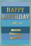 This birthday card radiates a composed, quietly joyful energy, using its layers of blue and accents of gold to create a scene as soothing as an unhurried walk through Rush Green's residential streets. The background is built from wide horizontal stripes, each one a slightly different shade of blue. At the base lies a deep navy, rich and stabilising, above it a medium denim blue, then a cooler teal, and finally a light, serene sky blue at the top. These stripes have a smooth, matte finish, so the colours appear soft and even, without glare. In the centre, the words HAPPY BIRTHDAY stretch boldly across the card in embossed gold letters. The capitals are raised, giving them a tactile quality, and the foil shimmers gently when it catches the light, hinting at celebration without overwhelming the eye. Directly beneath this central greeting, a decorative golden flourish sweeps in a symmetrical, classic curve, suggesting the care of traditional stationery design. Below the flourish, three slim golden banners are stacked tidily. Each ribbon is defined by a fine foil outline and carries part of the warm message: Relax, have a great day and enjoy! The font is clean and reassuring, making the message feel personal and sincere. Around the entire edge, a narrow gold border frames the design, bringing everything together in a neat, finished rectangle. The overall effect is calm, elegant, and heartfelt-the kind of card someone in Rush Green might place beside a jug of fresh birthday flowers in their living room, ready to greet family or friends arriving to share a relaxed, meaningful celebration.