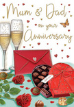 The anniversary card artwork depicts a beautifully composed celebration scene that feels intimate and familiar, like a special evening prepared in a Rush Green home with flowers and treats ready on the table. In the foreground, two rich red roses stretch across the surface, their petals layered in tight spirals that open into generous, velvety blooms. The artist has captured subtle highlights and shadows so clearly that you can almost imagine brushing a fingertip across each petal. A cluster of fresh green leaves frames the roses, suggesting they were recently arranged, perhaps delivered earlier by Flower Delivery Rush Green for a milestone celebration. Near the flowers sits an open, heart-shaped box of chocolates, its deep red exterior wrapped in a wide satin ribbon tied into a dramatic bow. The inside of the box reveals a tempting selection of chocolates tucked into golden compartments, with a few pieces thoughtfully placed on the table, as if already chosen for sharing. Rising behind this indulgent spread are two elegant champagne flutes, their tall, slender forms filled with sparkling golden champagne. Streams of fine bubbles rise to the surface, catching the light and hinting at the sound of a gentle clink as glasses meet in a toast. The background is softly decorated with scattered gold and crimson hearts and gentle strokes of colour that cradle flowing, hand-lettered anniversary words-perhaps a message to Mum & Dad or a beloved partner. A bright red envelope lies nearby, carefully sealed, suggesting heartfelt, handwritten sentiments waiting to be read. Altogether, the image radiates warmth, gratitude, and the joy of celebrating love with roses, chocolate, champagne, and treasured words.